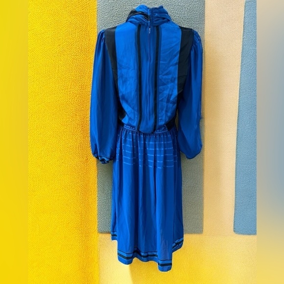 1980s Donna Morgan royal blue true vintage satin Career modesty Dress-L - Picture 3 of 14